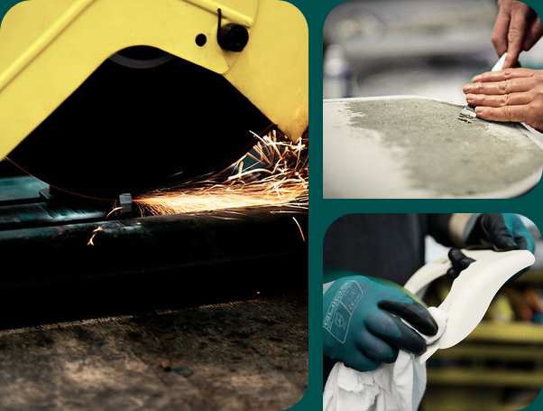 Werkstatt für gebrauchte Treppenlifte Aufbereitung gebrauchter Treppenlifte in der Werkstatt: Metall wird geschnitten, Teile werden geschliffen und gereinigt